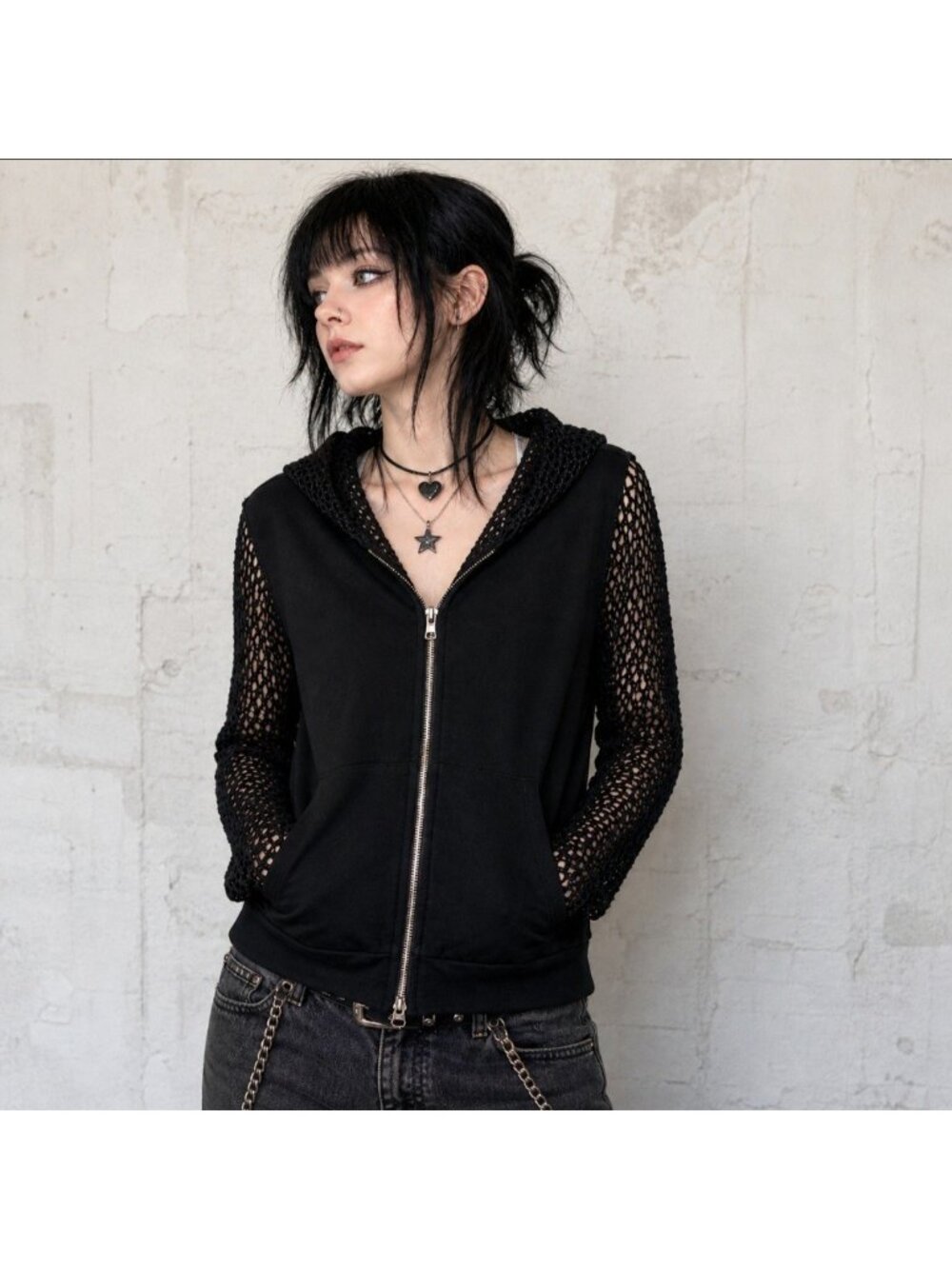 Jude Black Zip Hoodie L Crochet Fishnet Sleeves Hood Goth Punk Cotton Blend